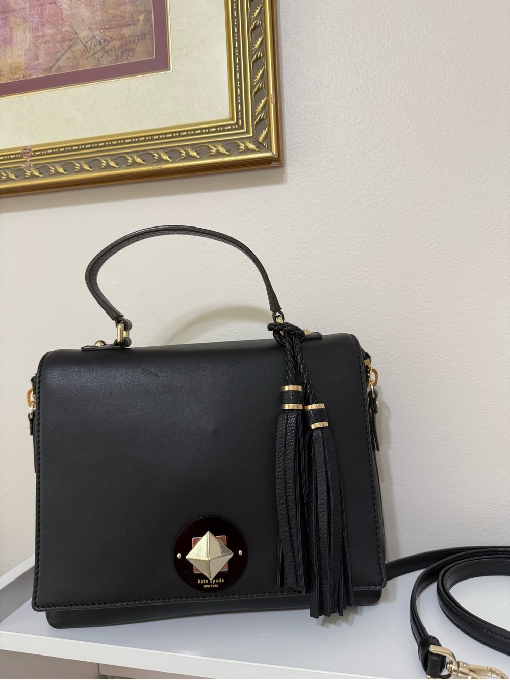 kate spade Abbie Varick Street Black Leather Satchel with Tassel Accent